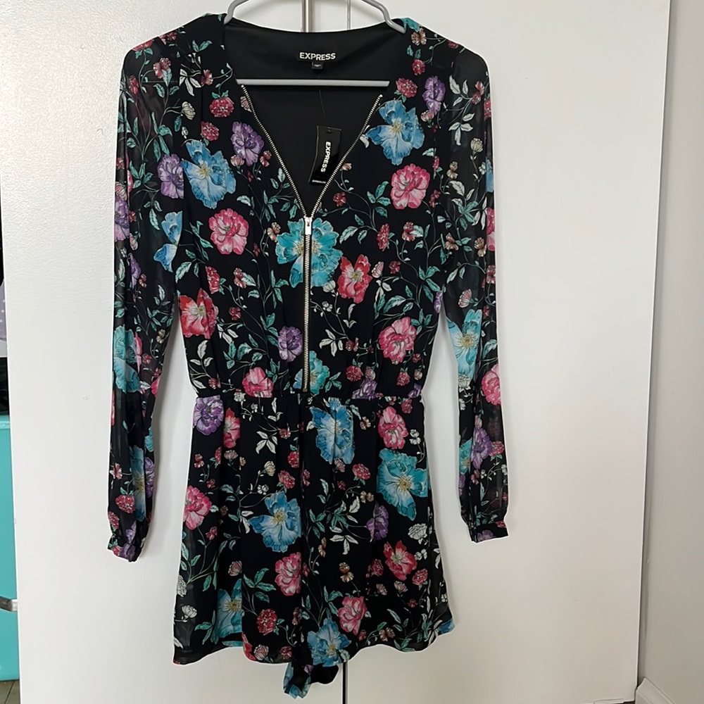 Express size XS black romper with multicolor floral pattern